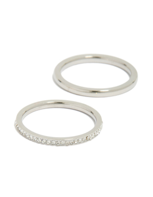 A closer look at waterproof mixed plated thin stacking rings in a 3-pack with cubic zirconia, made from stainless steel in silver and white tones close up view