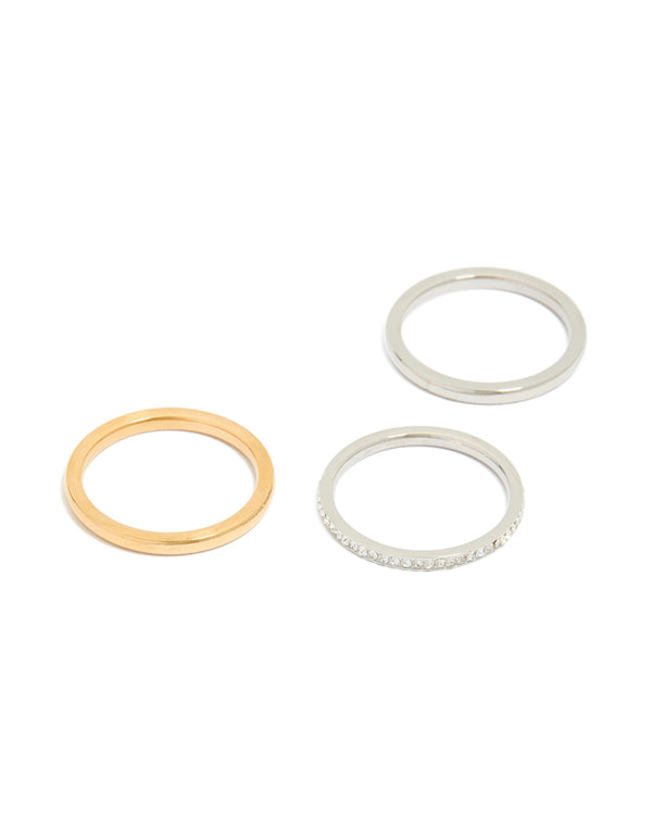 Showcasing waterproof mixed plated thin stacking rings in a 3-pack featuring cubic zirconia, crafted from stainless steel with silver, gold, and white tones front view