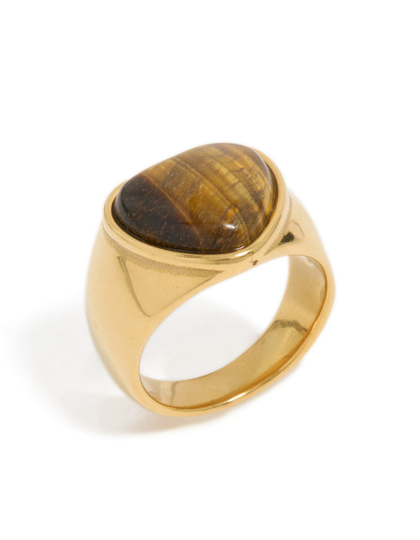Crafted from waterproof gold plated stainless steel featuring tigers eye stone in heart shape with statement styling side detail view