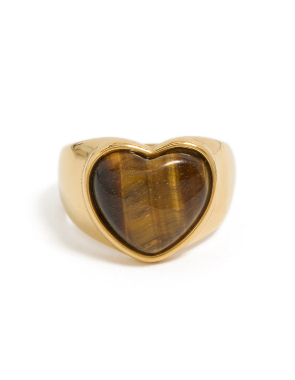 Displaying waterproof gold plated stainless steel tigers eye stone heart ring with statement design close up view