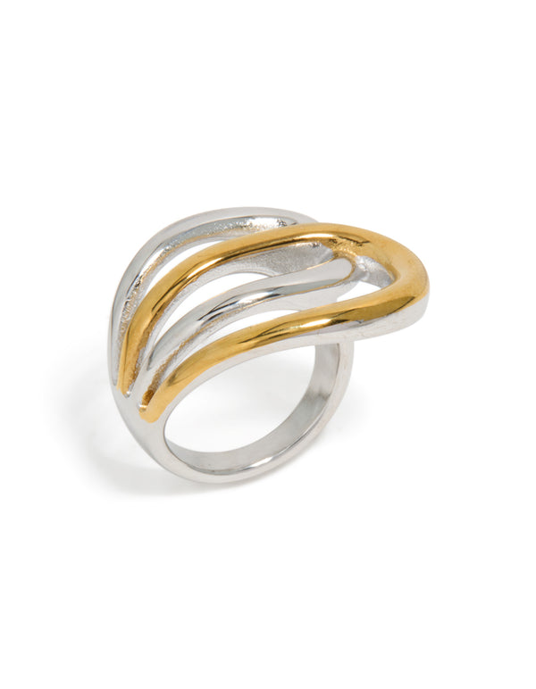 Designed with waterproof mixed metal plated stainless steel large double loop ring featuring statement chunky style in gold and silver side detail view