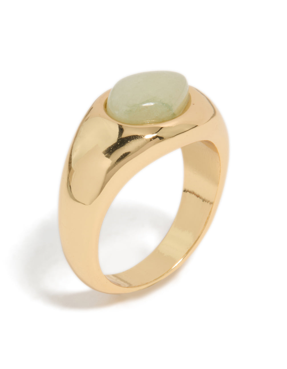 Featuring an oval pale green stone, this gold plated statement ring side view