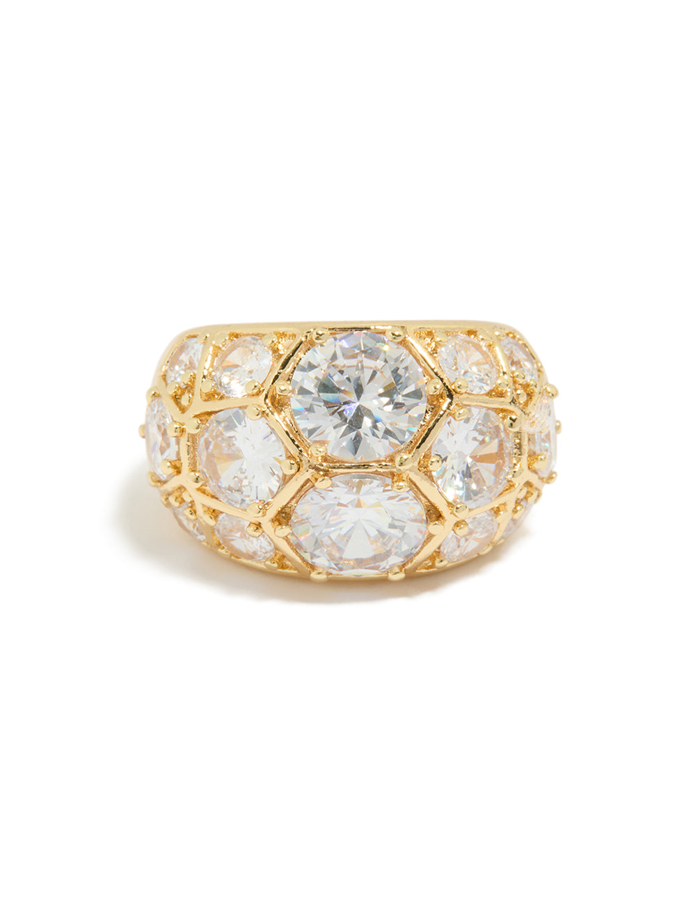 Crafted from gold plated material, this extra large diamantes ring with statement style close up view