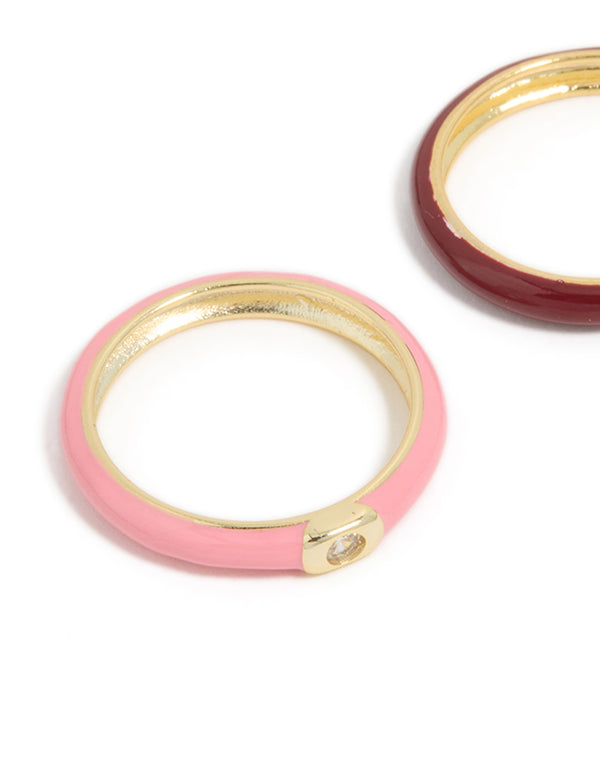 Designed with waterproof gold plated stainless steel mini cubic zirconia enamel rings 2-pack close up view