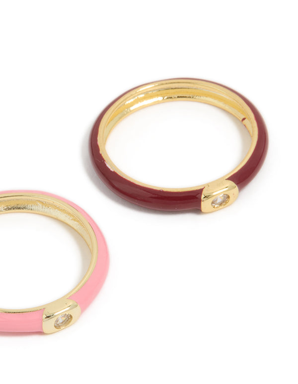 Presenting waterproof gold plated stainless steel mini cubic zirconia enamel rings 2-pack side detail view