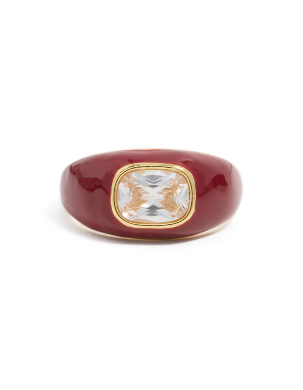 Waterproof gold plated stainless steel red enamel square cubic zirconia ring with maroon and clear stone statement design front view