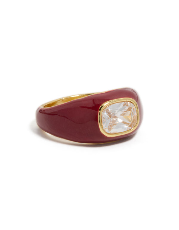 Waterproof gold plated stainless steel red enamel square cubic zirconia ring in maroon and clear stone statement design side detail view