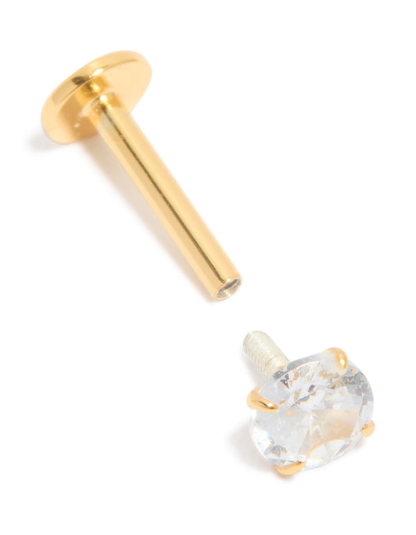 Gold Plated Sterling Silver Round Cubic Zirconia Flat Back Single Stud