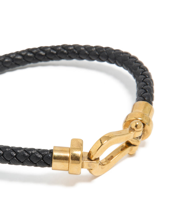 Waterproof gold plated stainless steel black PU leather braided chunky link bracelet view