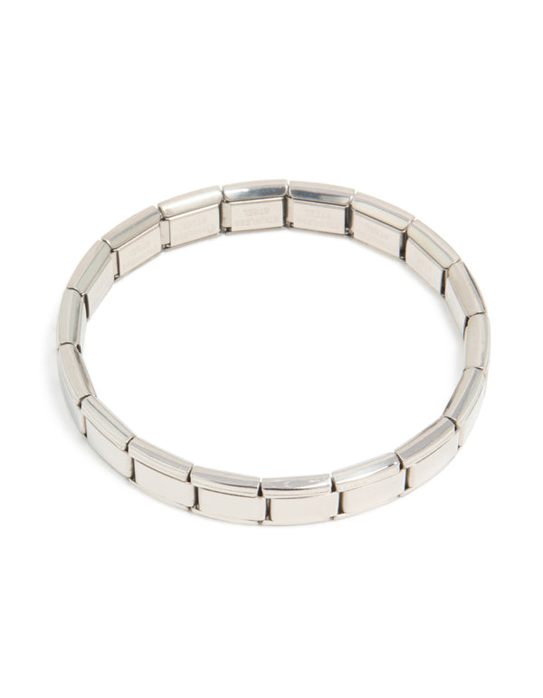 Featuring a waterproof stainless steel stretch watch link bracelet in silver front view