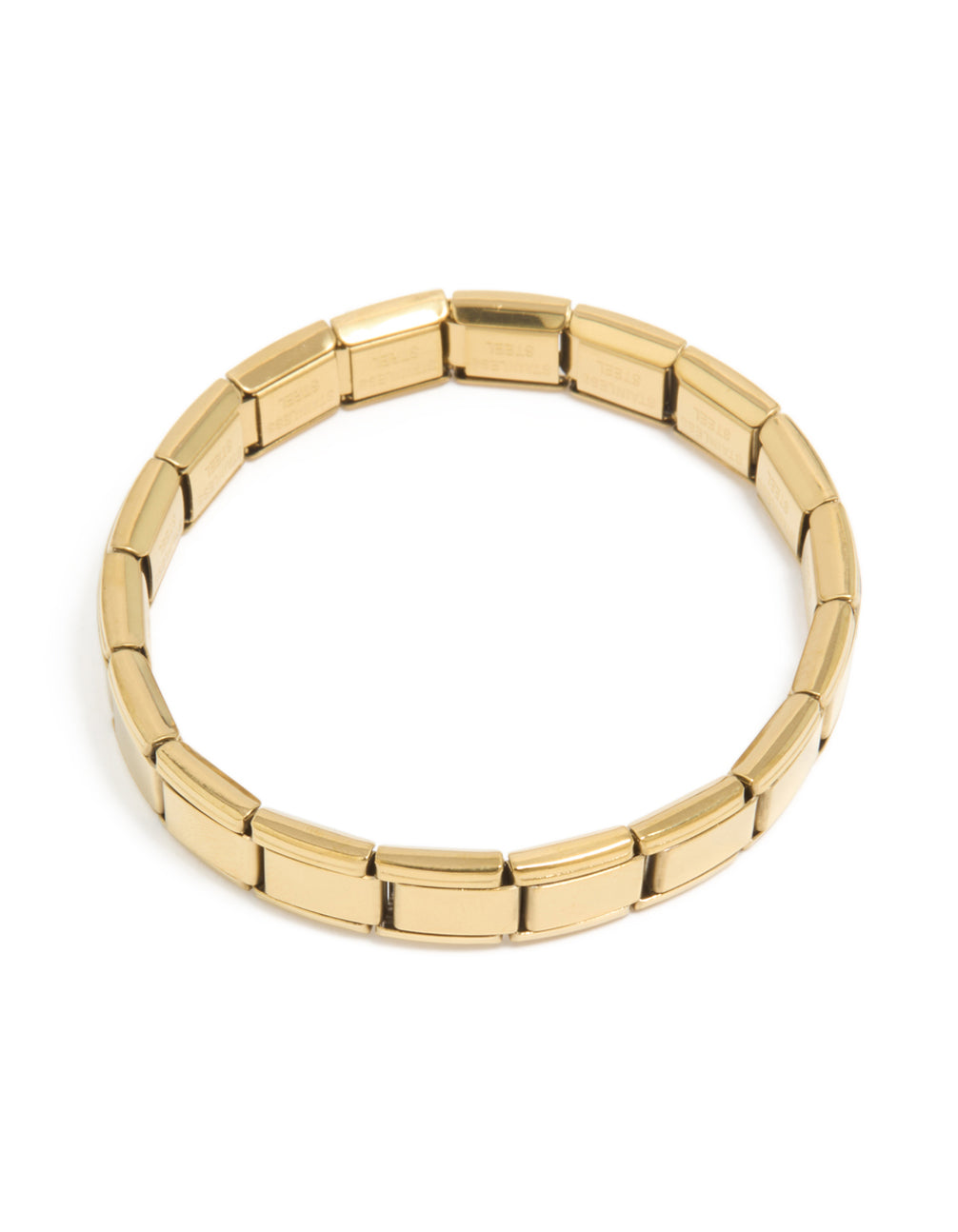 Featuring a waterproof gold plated stainless steel stretch link bracelet front view