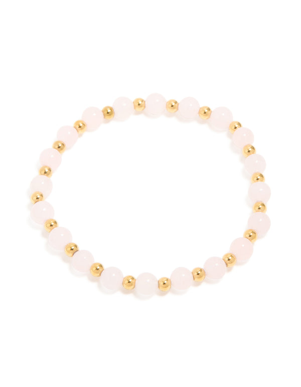 Featuring a waterproof gold plated stainless steel rose quartz beaded stretch bracelet front view