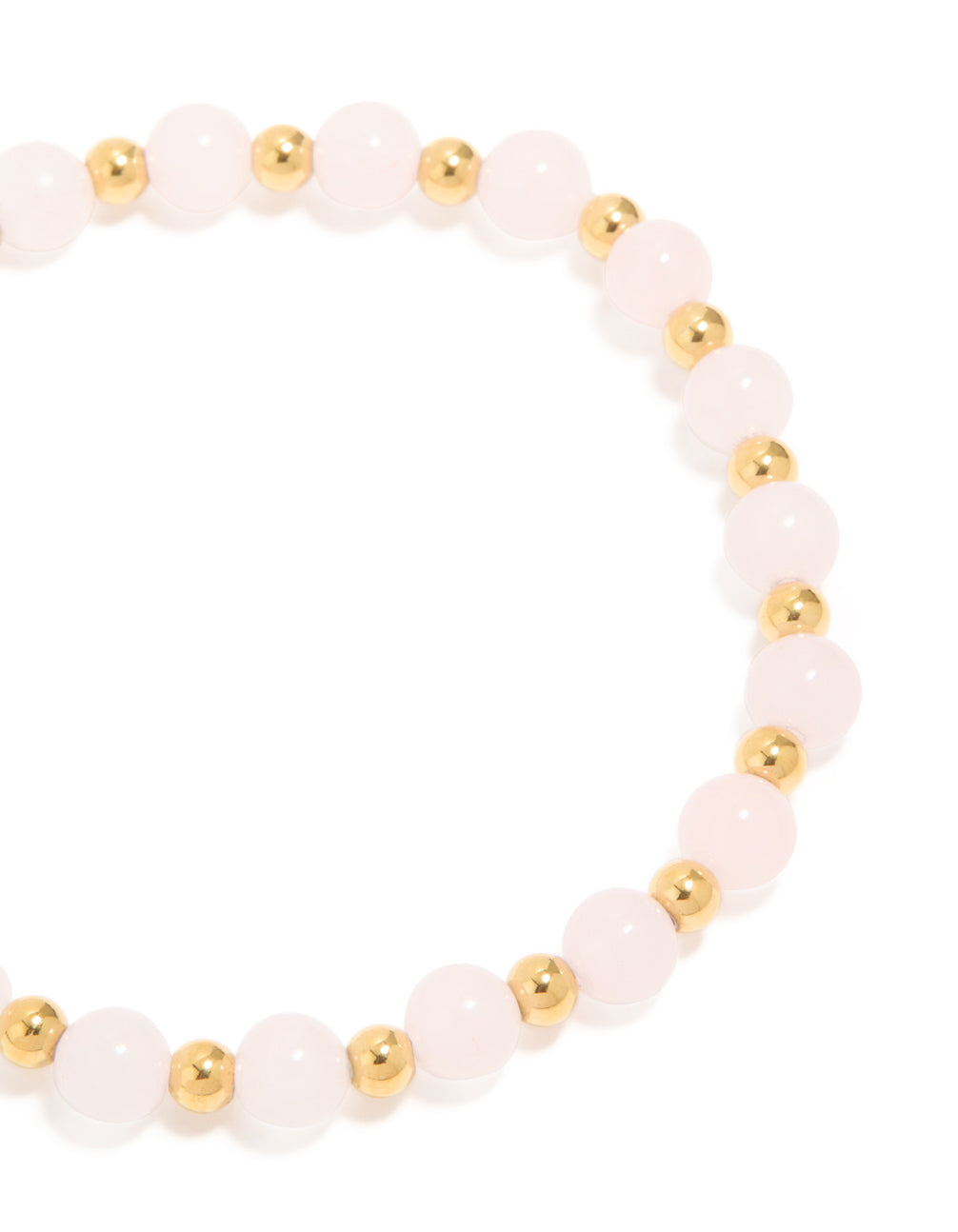 Designed with waterproof gold plated stainless steel and rose quartz beaded stretch bracelet close up view