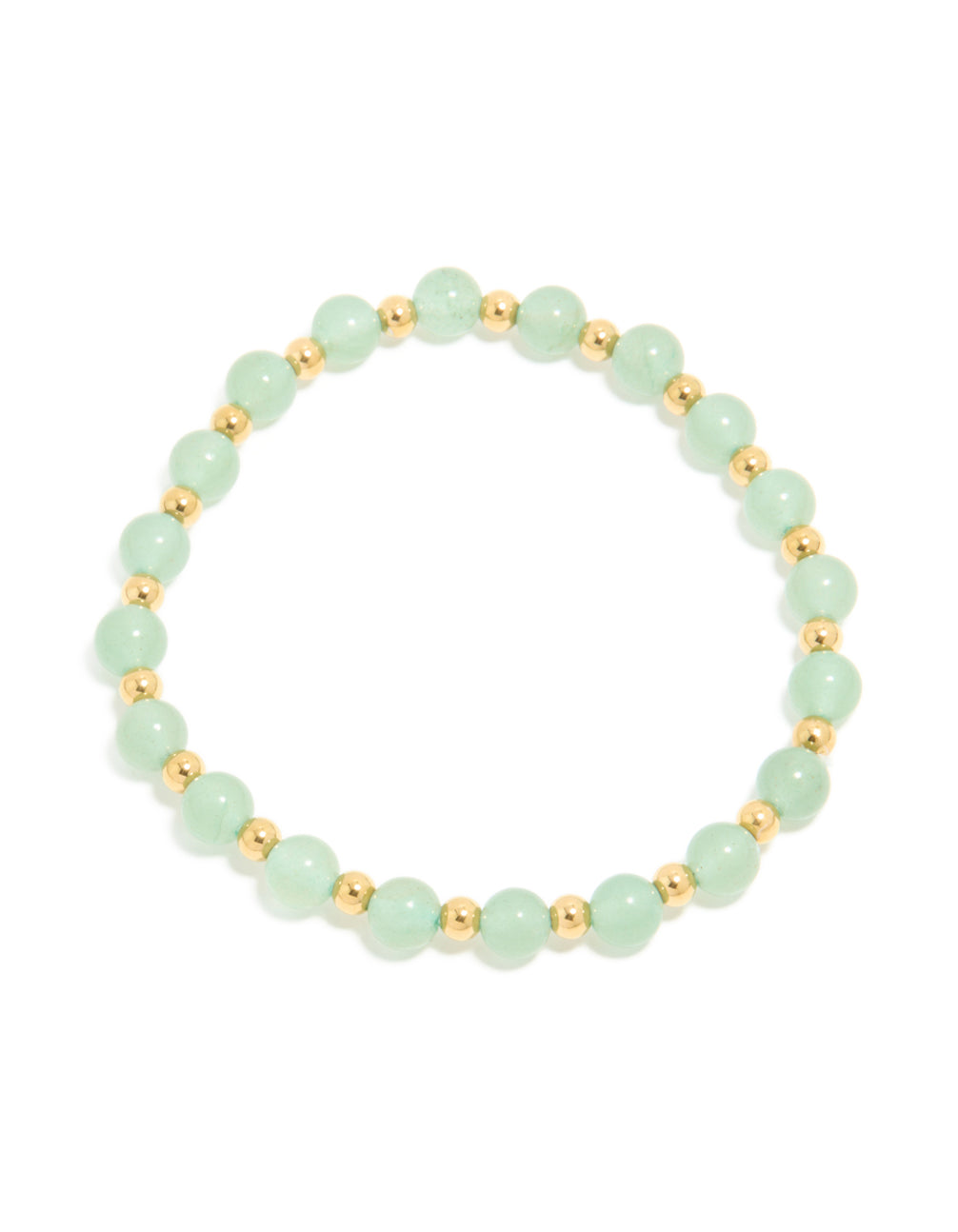 Showcasing a waterproof beaded stretch bracelet crafted from gold plated stainless steel with pale green beads front view