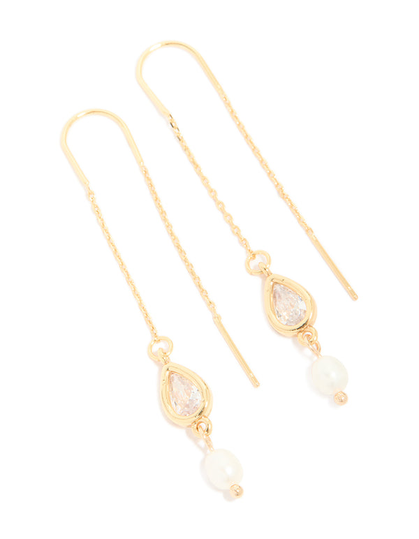 Gold Plated Freshwater Pearl & Cubic Zirconia Threader Drop Earrings