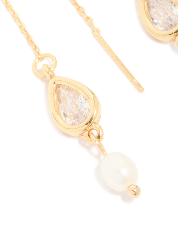 Gold Plated Freshwater Pearl & Cubic Zirconia Threader Drop Earrings