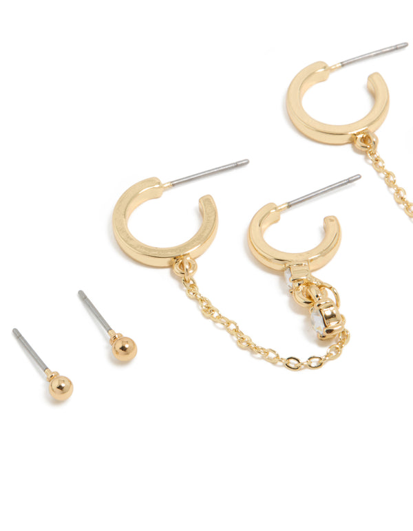 Gold Plated Cubic Zirconia Huggie & Chain Earrings 5-Pack