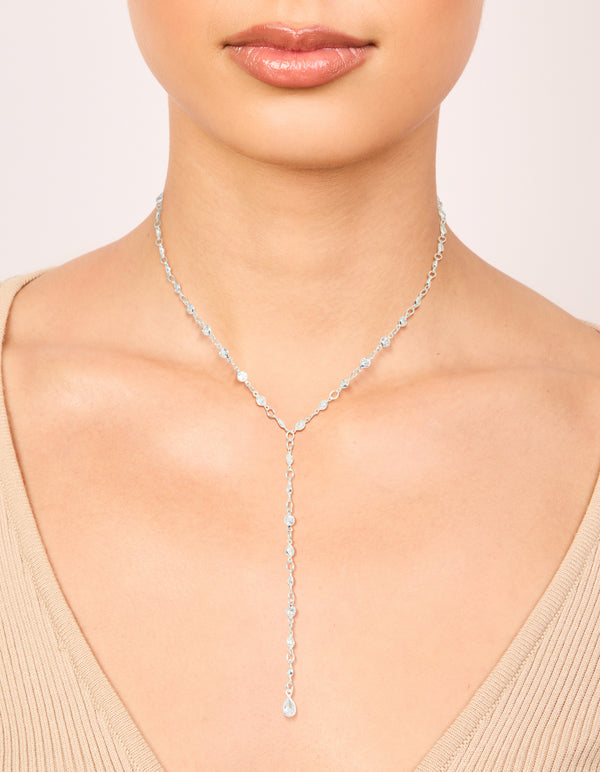 Silver Plated Cubic Zirconia Circle Detail Y-Necklace