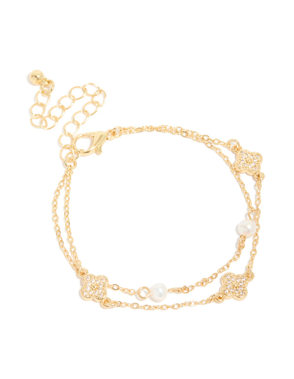 Gold Plated Cubic Zirconia Flower & Freshwater Pearl Layered Bracelet