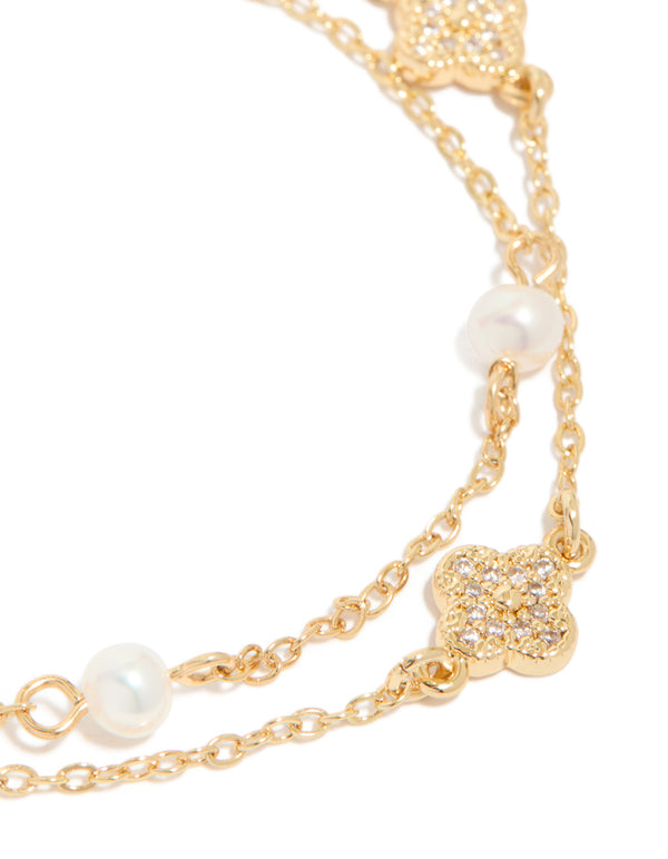 Gold Plated Cubic Zirconia Flower & Freshwater Pearl Layered Bracelet