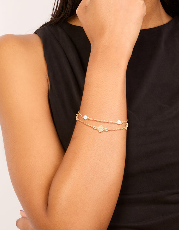 Gold Plated Cubic Zirconia Flower & Freshwater Pearl Layered Bracelet