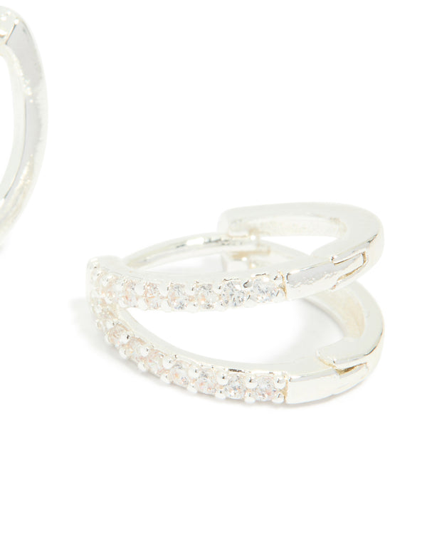 Silver Plated Cubic Zirconia Double Layered Small Huggie Earrings