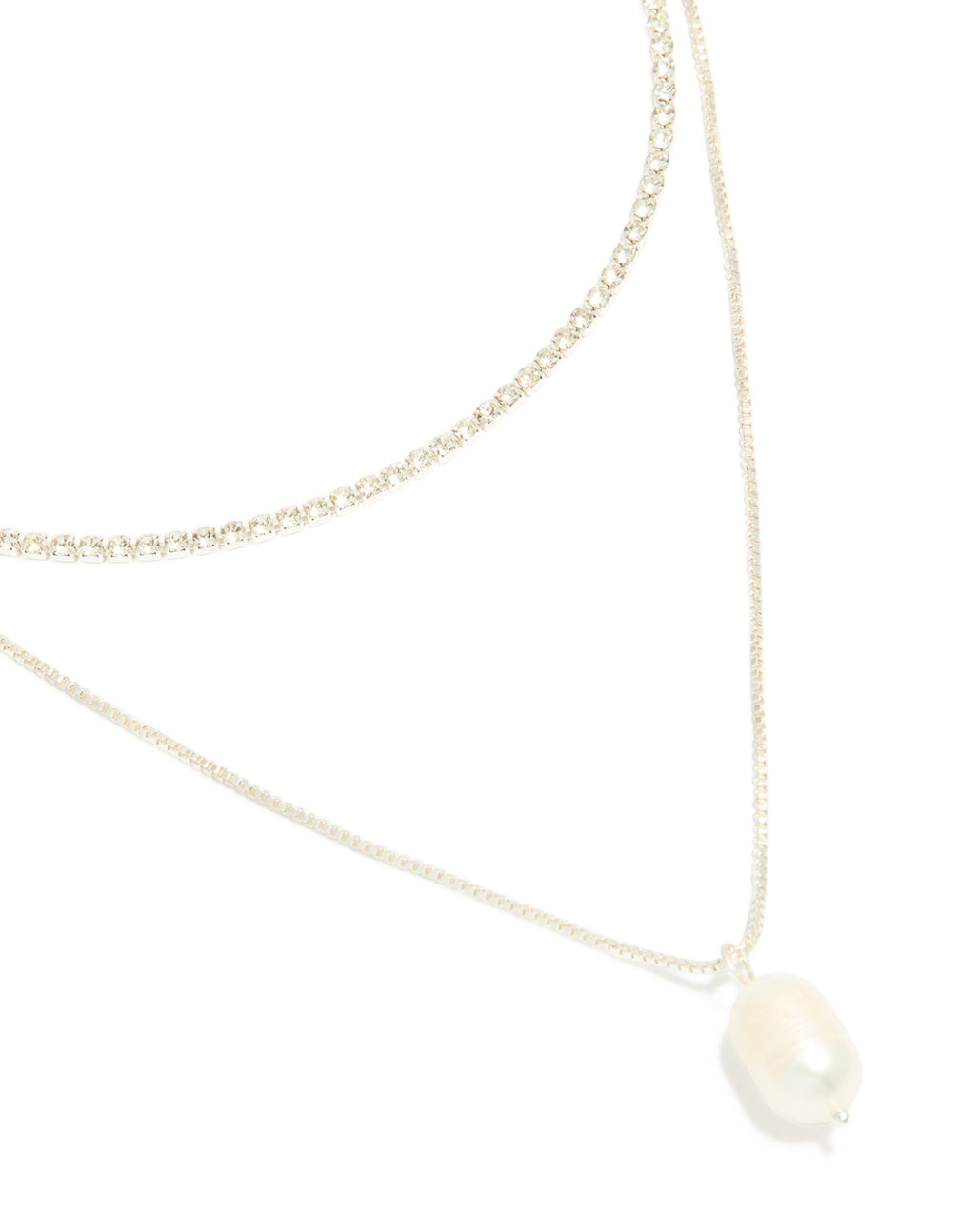 Silver Plated Cubic Zirconia Pearl & Cup Chain Layered Drop Necklace