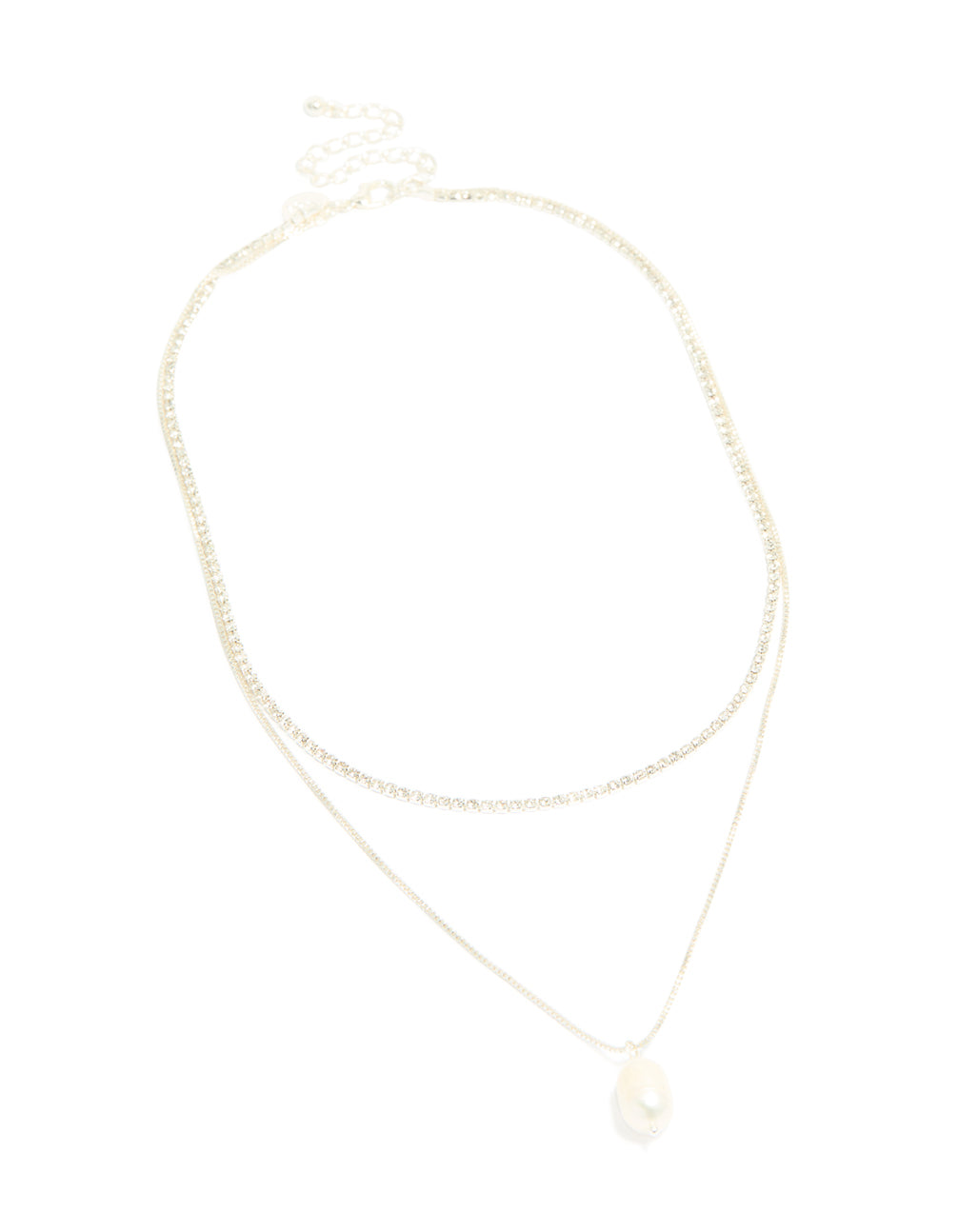 Silver Plated Cubic Zirconia Pearl & Cup Chain Layered Drop Necklace
