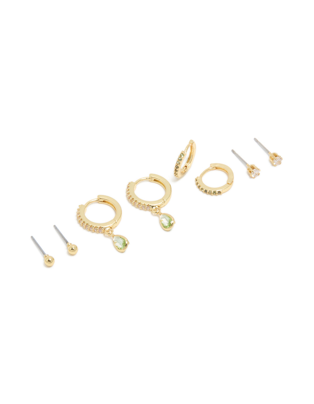 Showcasing style brass peridot cubic zirconia august birthstone earrings 4-pack with huggie closureand ball studs, crafted from gold plated crystal in light green and clear front view