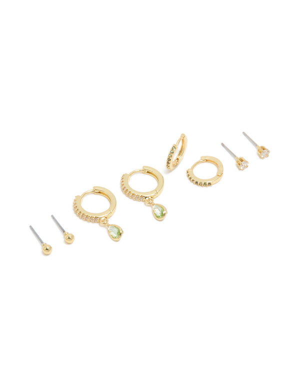 Showcasing style brass peridot cubic zirconia august birthstone earrings 4-pack with huggie closureand ball studs, crafted from gold plated crystal in light green and clear front view