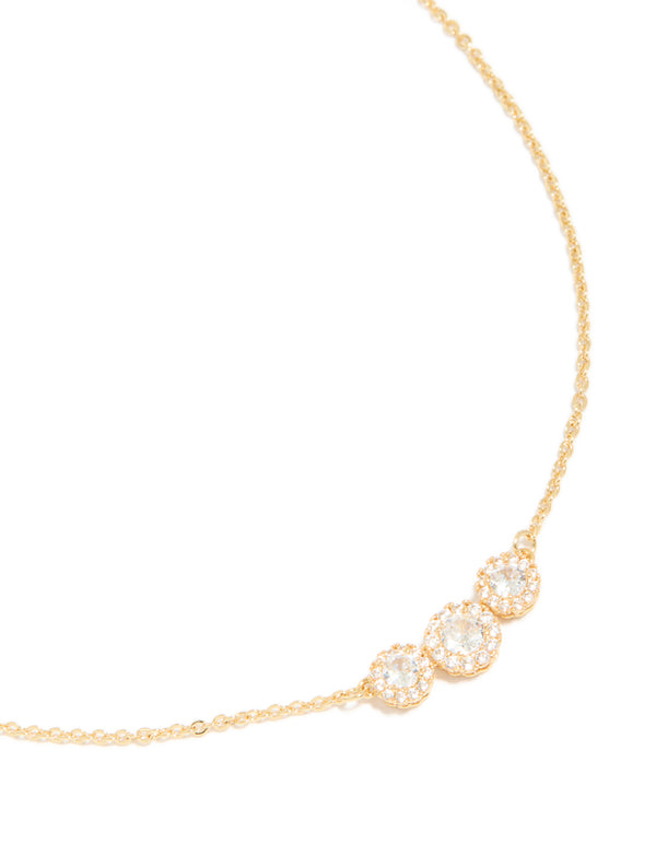 Gold Plated Cubic Zirconia Trio Halo Necklace