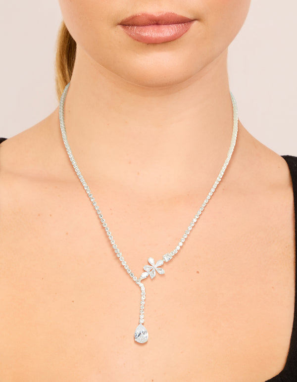 Silver Plated Cubic Zirconia Flower Cup Chain Y-Necklace