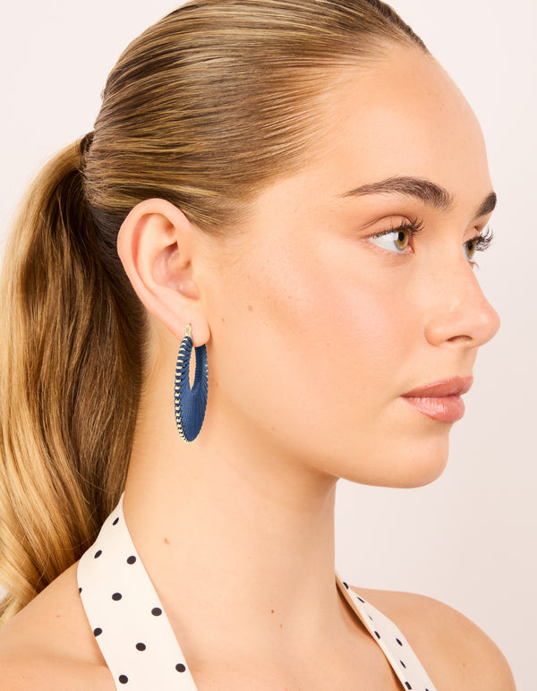 Gold Dark Blue Thread Hoop Earrings