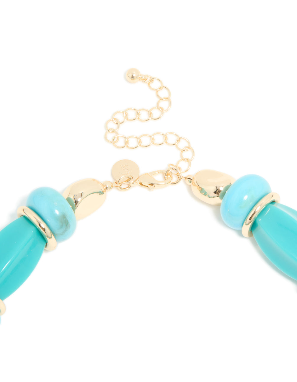 This aqua acrylic beaded necklace highlights the adjustable clasp detail view with gold chain and round turquoise elements