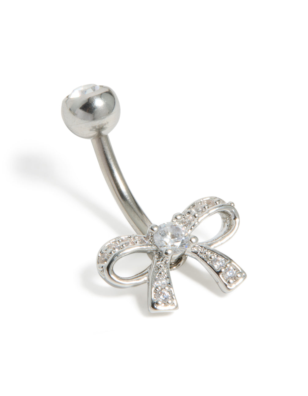 Crafted from surgical steel with bow, cubic zirconia belly bar front view