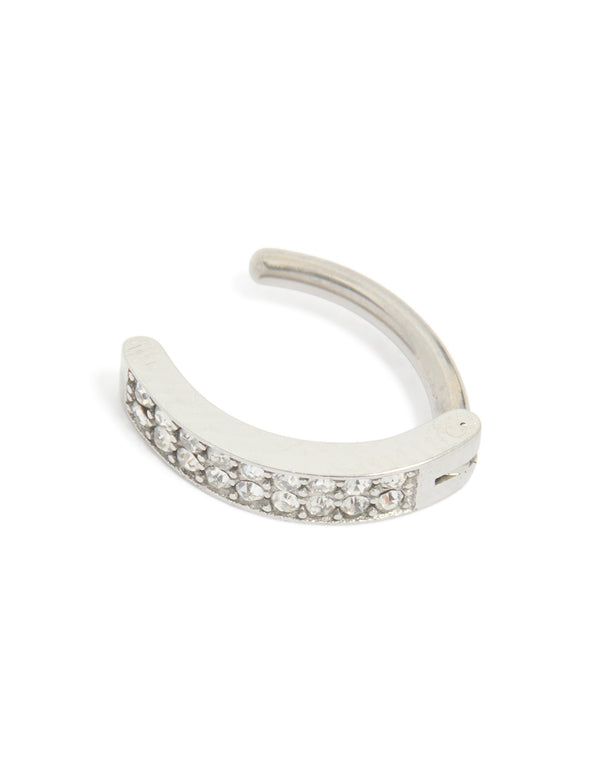Explore this surgical steel diamante curved cluster belly ring in silver detail view