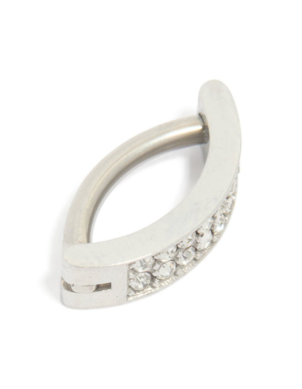 Featuring a surgical steel diamante curved cluster belly ring with silver side view