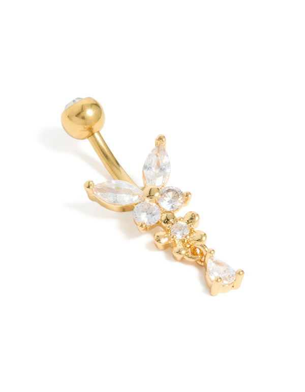 Gold-tone surgical steel belly bar with a butterfly and floral charm, ball ends, and dainty pear-cut cubic zirconia stones front view