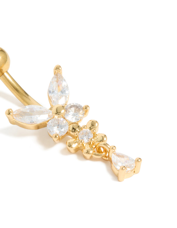Showcasing gold plated surgical steel belly bar, designed with butterfly and floral charm and pear cut cubic zirconia featuring balls closure in dainty style close up view