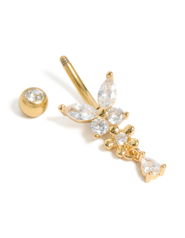 This belly bar features butterfly and floral charms, crafted from gold-plated surgical steel and pear-cut cubic zirconia, with a ball closure and dainty styling detail view
