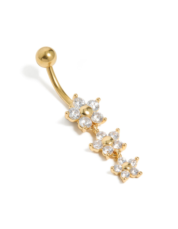 Crafted from gold plated surgical steel, this cubic zirconia 3 flower drop belly bar features a ball closure and floral design front view