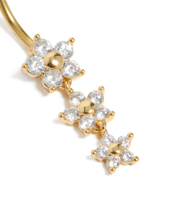 Showcasing a gold plated surgical steel cubic zirconia 3 flower drop belly bar with ball closure and floral design close up view
