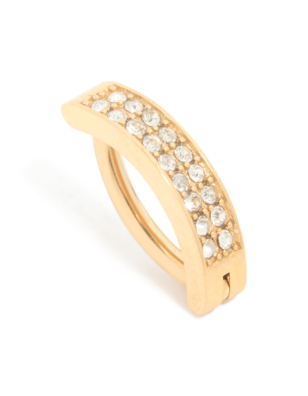 Showcasing a gold plated surgical steel diamante cluster curved belly ring with hoop closure front view