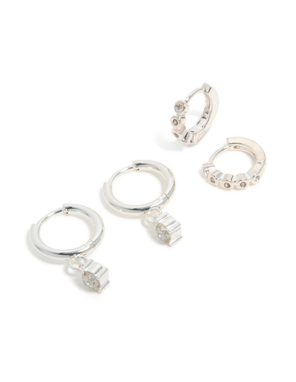 Elegant waterproof stainless steel bezel diamante and plain huggie earrings 2-pack with charm in silver and white front