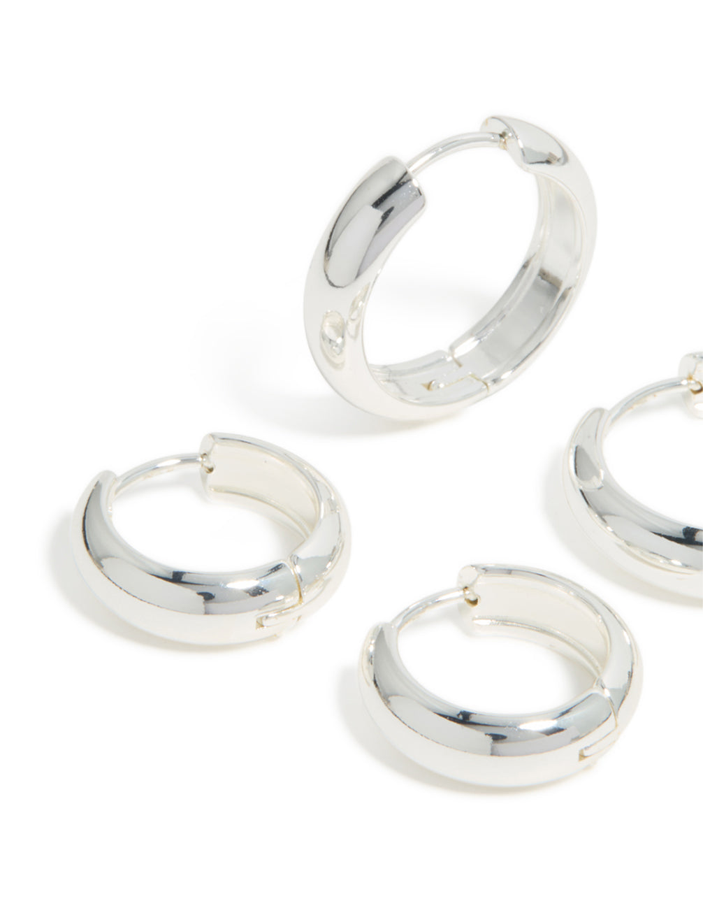 Featuring these waterproof stainless steel thick, large and mini hoop earrings in a 2-pack with chunky round closure in silver with a close up view