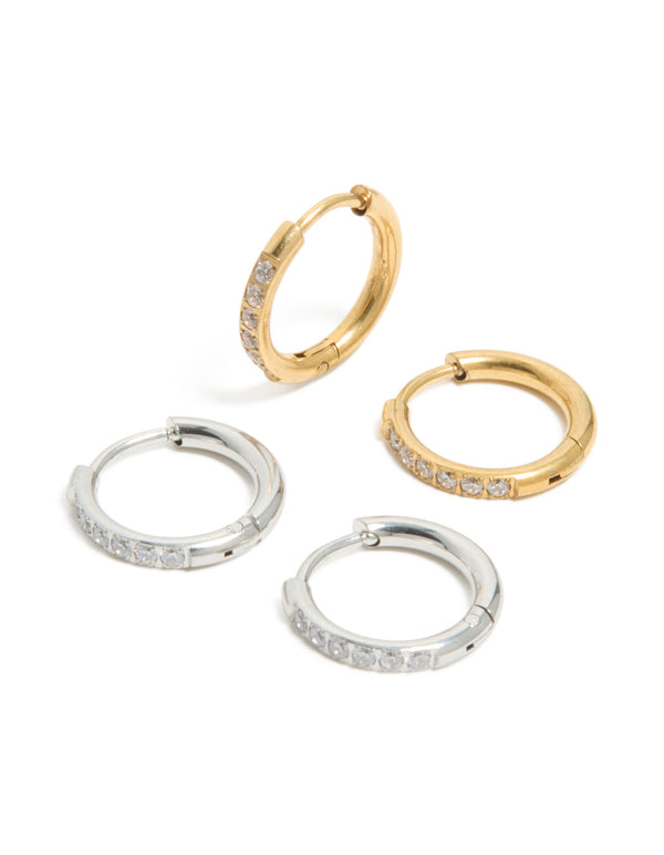 Waterproof Stainless Steel Mixed Metal Thin Pavé Huggie Earrings 2-Pack