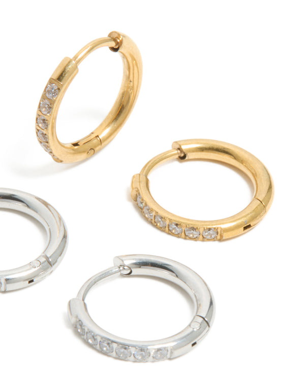 Waterproof Stainless Steel Mixed Metal Thin Pavé Huggie Earrings 2-Pack