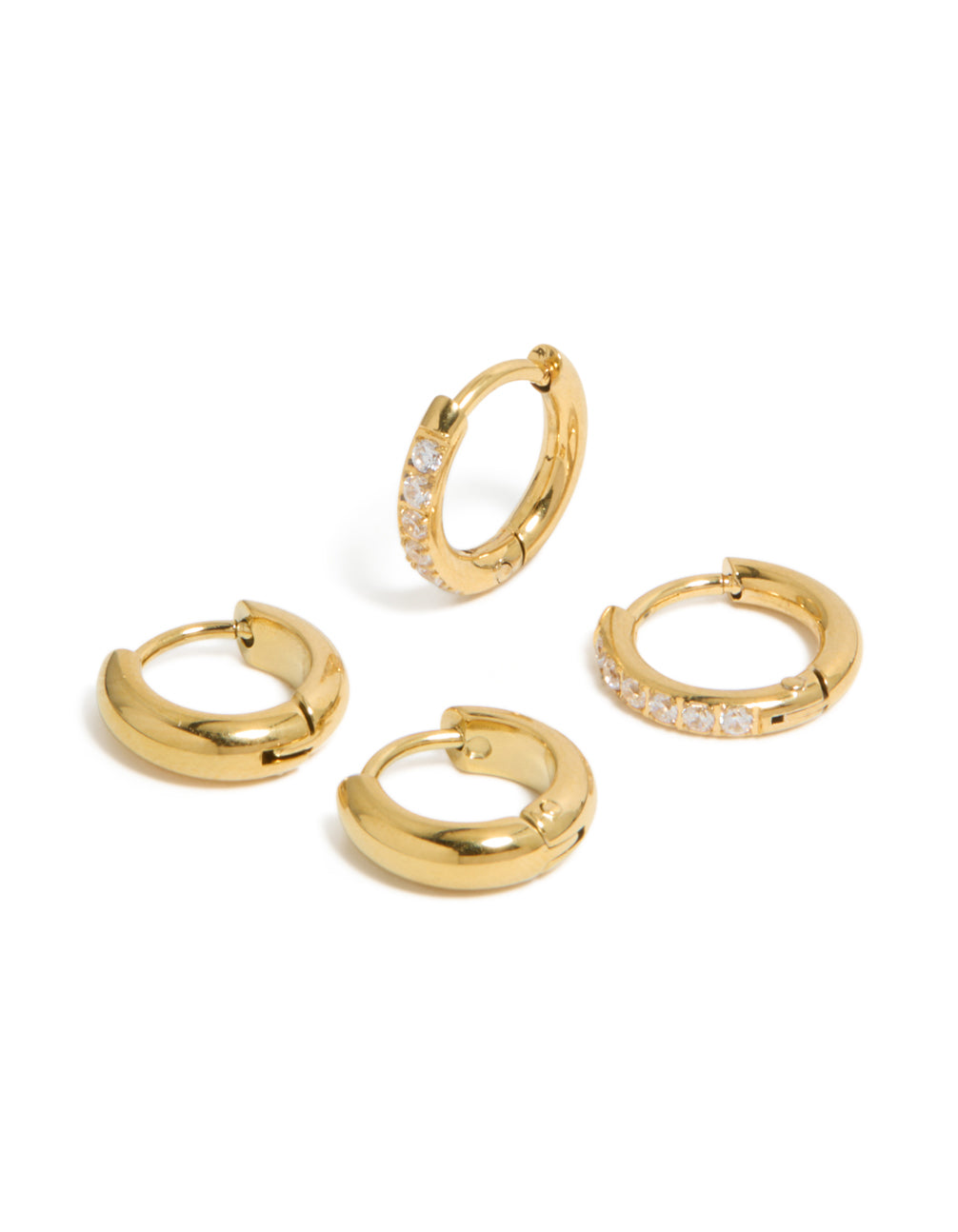 Designed with waterproof gold plated stainless steel cubic zirconia pavé and plain huggie earrings in a 2-pack front view