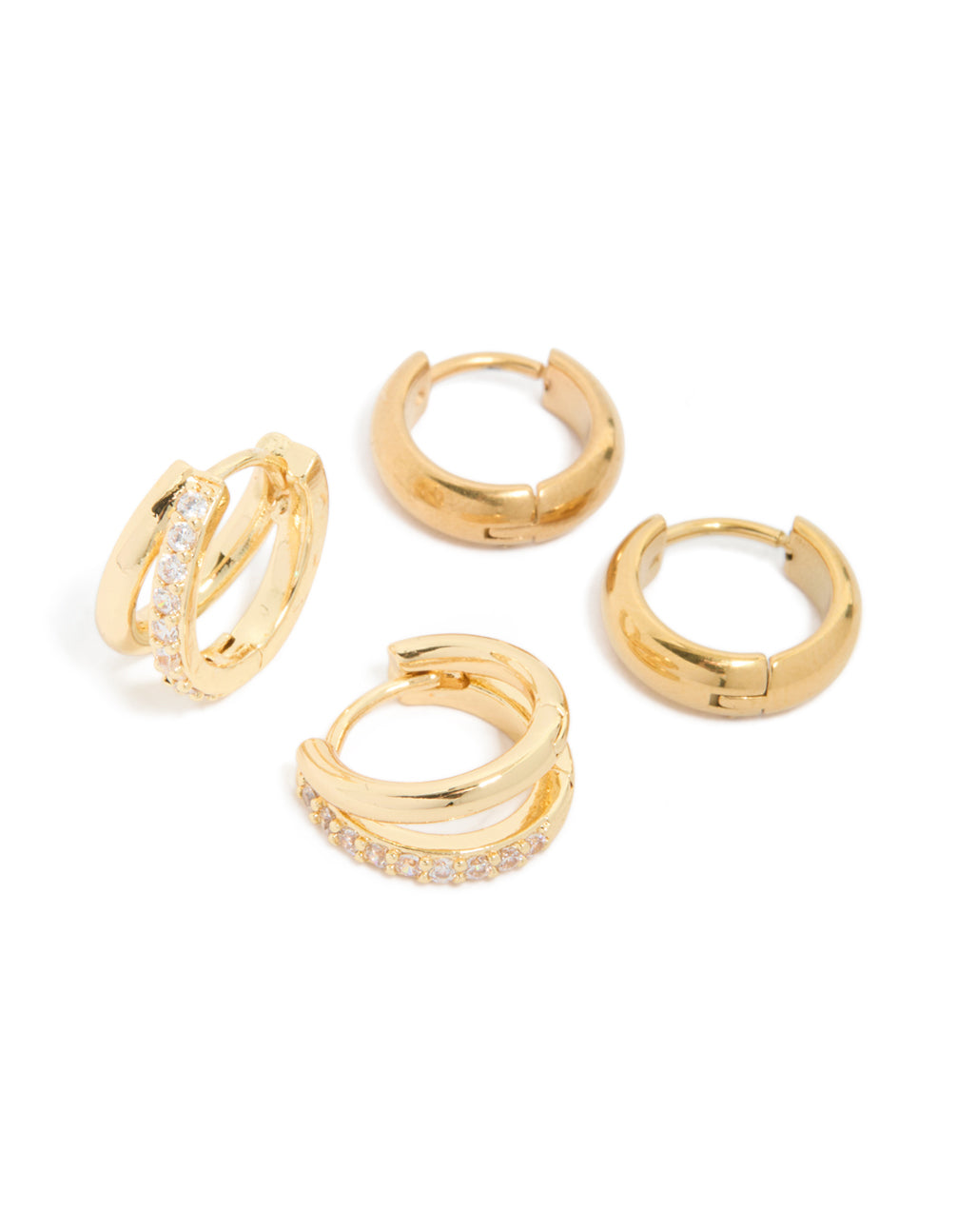 Showcasing waterproof chunky diamante huggie earrings in a 2-pack, crafted from stainless steel with cubic zirconia and crystal embellishments and gold plating in a front view
