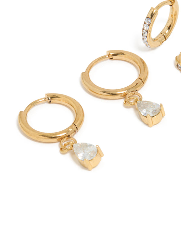 Waterproof Gold Plated Stainless Steel Cubic Zirconia Huggie Earrings 2-Pack